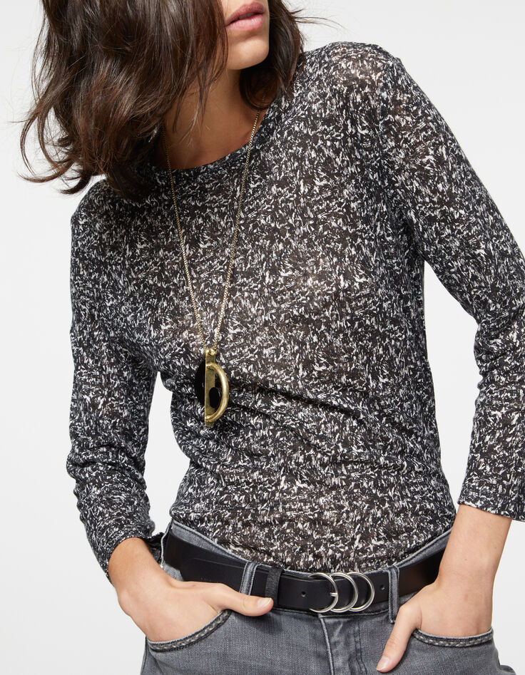 Tee-shirt manches 3/4 en lin imprimé wavy noir femme-1