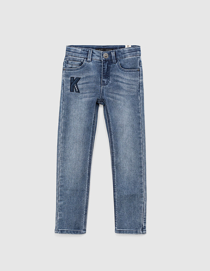 Boys’ stone blue slim jeans with patches -1
