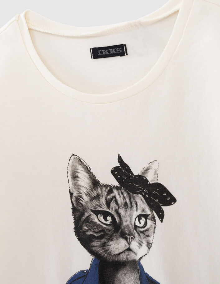Girls’ ecru T-shirt with cat-officer image - IKKS