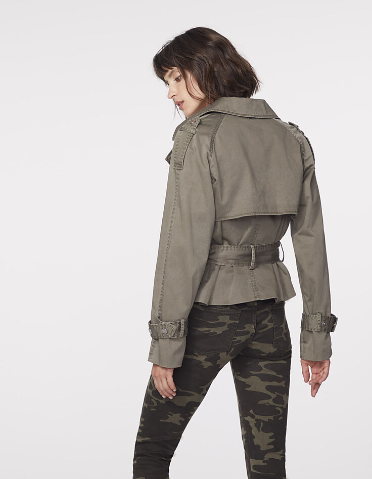 Trench court kaki ceinture taille femme-3