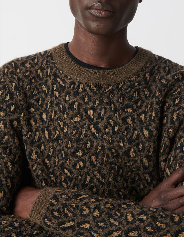 Pull beige tricot jacquard motif l&eacute;opard Homme-4