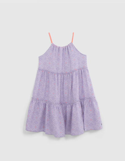 Girls' lilac dress, Cuban earthenware print & neon straps - IKKS
