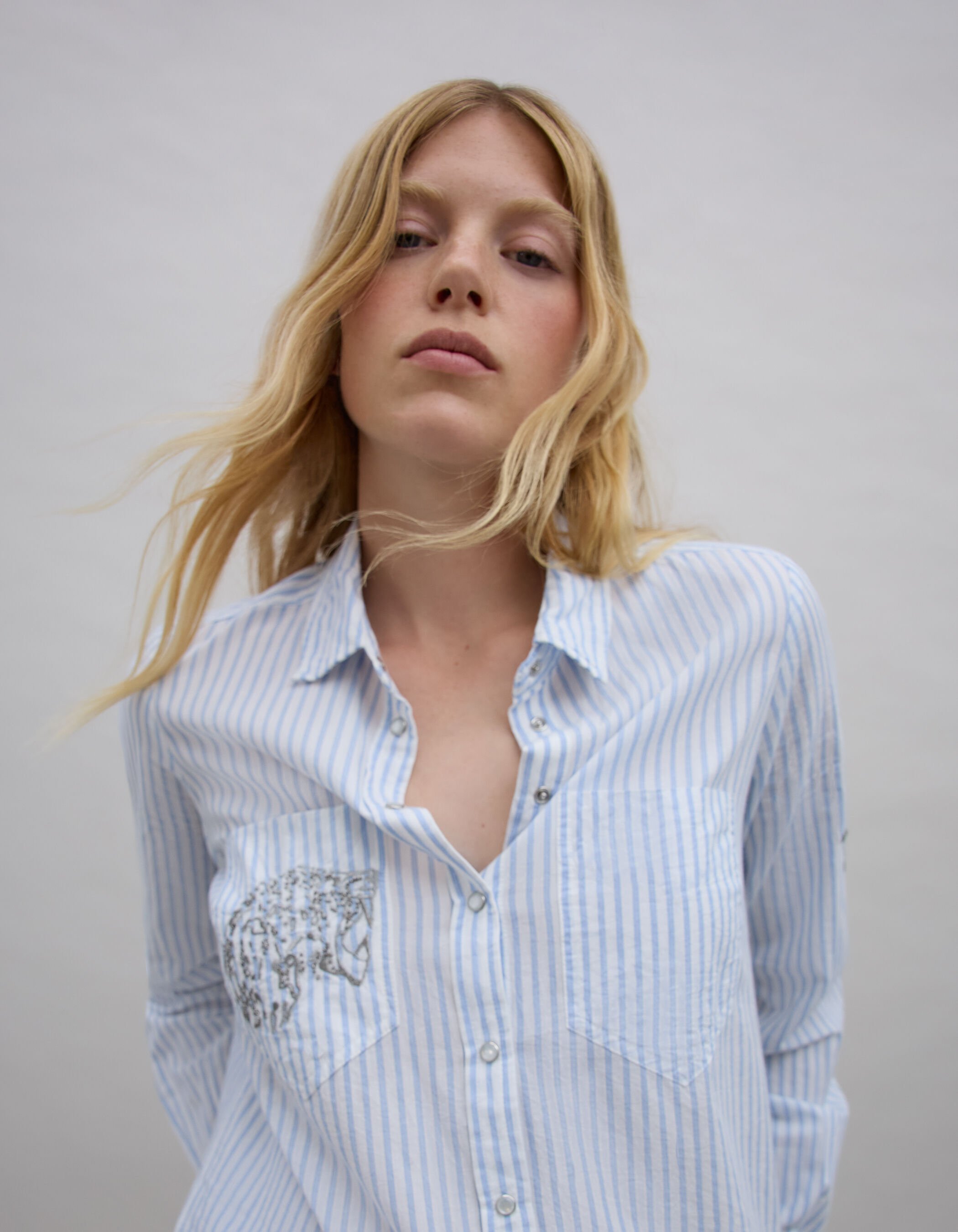 Women's blue metallic striped shirt with embroidery IKKS