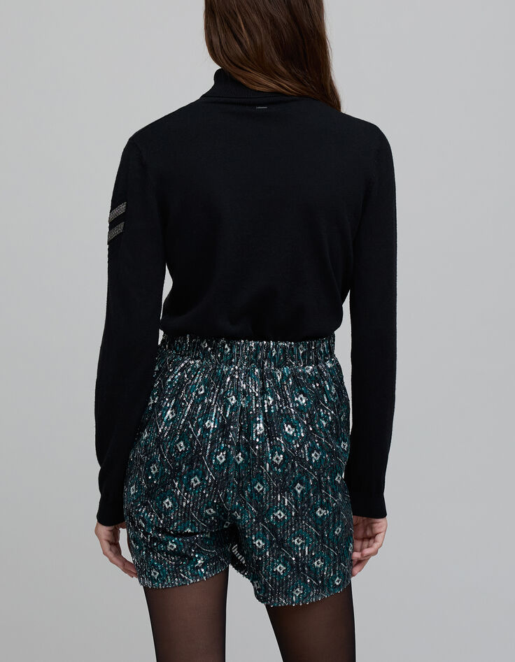Short noir imprim&eacute; g&eacute;om&eacute;trique brod&eacute;e sequins Femme-3