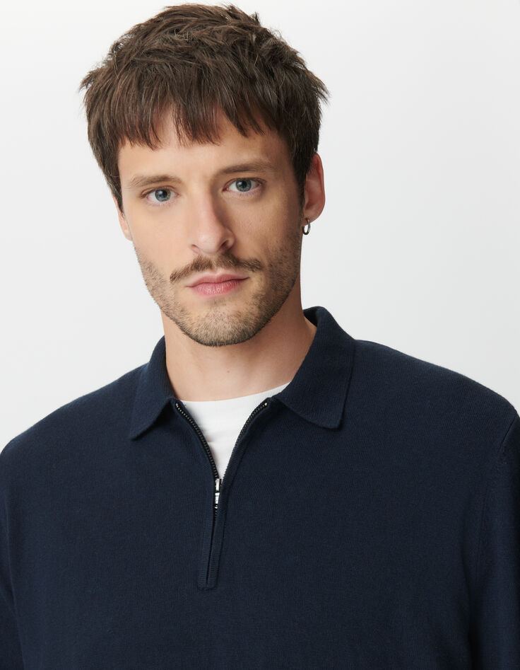 Marineblaues Langarm-Poloshirt mit Rei&szlig;verschluss-2