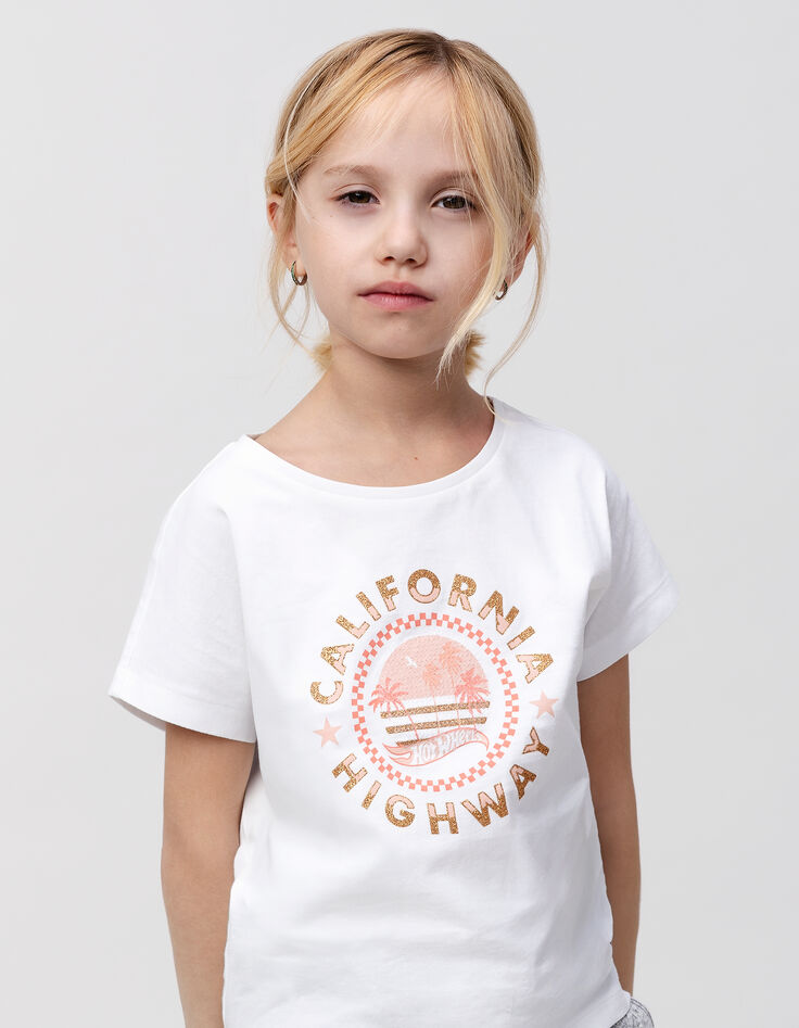 T-shirt blanc coton bio palmiers HOT WHEELS x IKKS fille-1