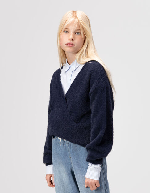 Blauer flauschiger Mädchenstrickpullover Wickellook - IKKS