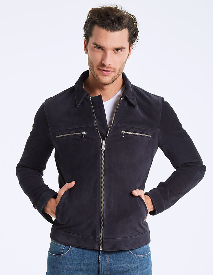 Man’s navy suede jacket with zipped pockets-3