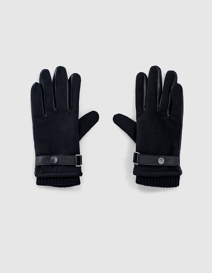 Guantes negros 2 tejidos piel y lana afelpada Hombre-1