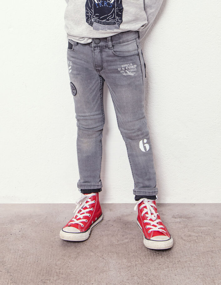 Boys’ light grey print and badge skinny jeans - IKKS