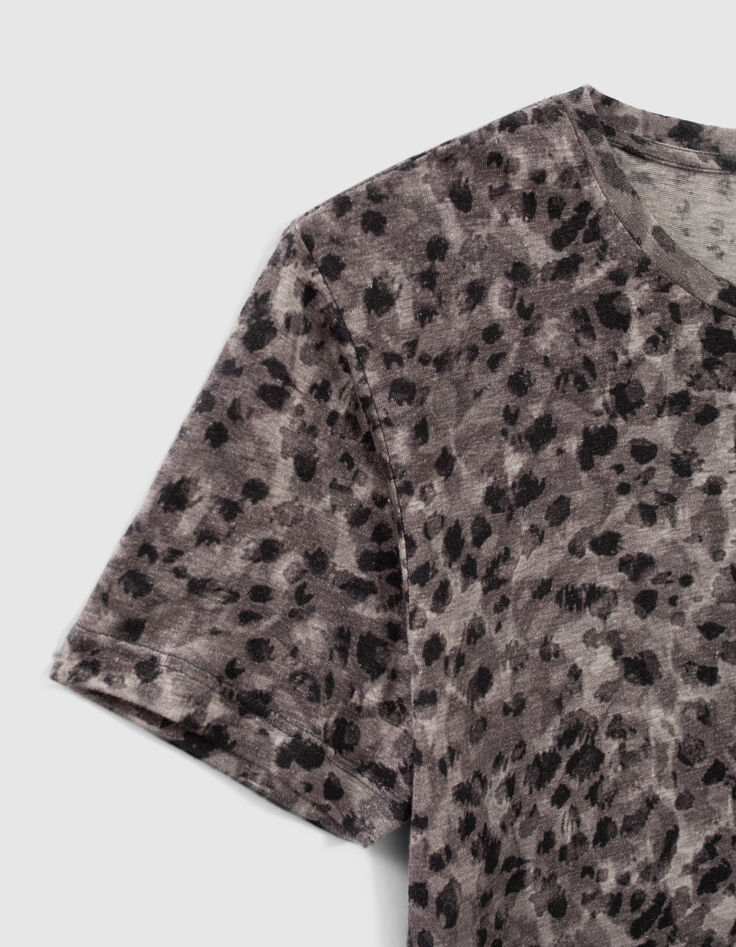 T-shirt gris en lin et viscose à imprimé femme-3 T-shirt gris en lin et viscose à imprimé femme-3