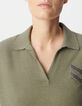 Women's khaki herringbone knit polo sweater-4