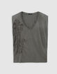 Mujer Camiseta caqui con bordado de tigre y cuello en V-5