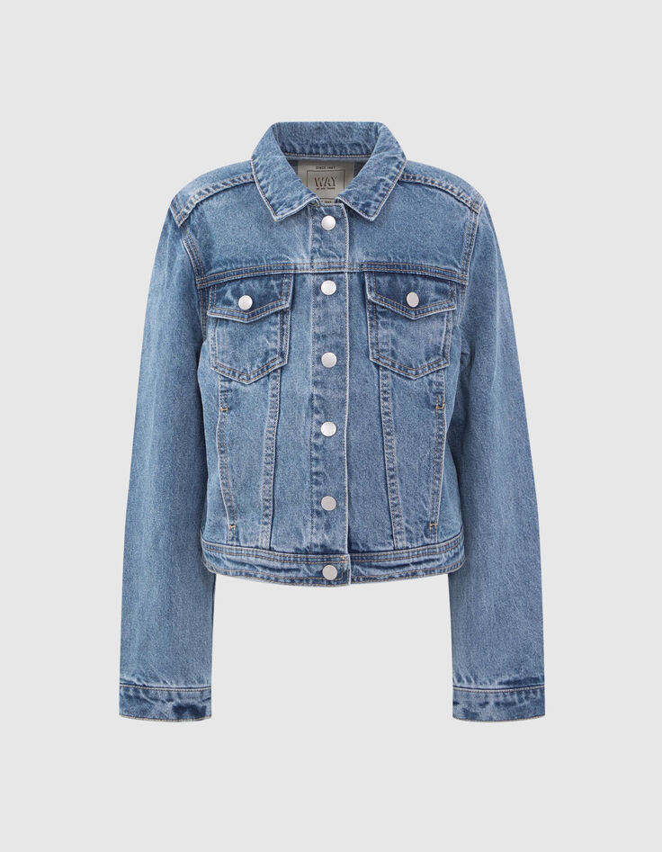Blaue Waterless-Mädchenjeansjacke im Crop-Schnitt-1 Blaue Waterless-Mädchenjeansjacke im Crop-Schnitt-1