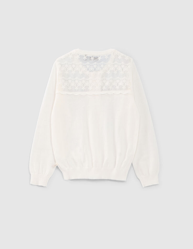 Cremewei&szlig;e M&auml;dchenstrickjacke mit Spitze-2