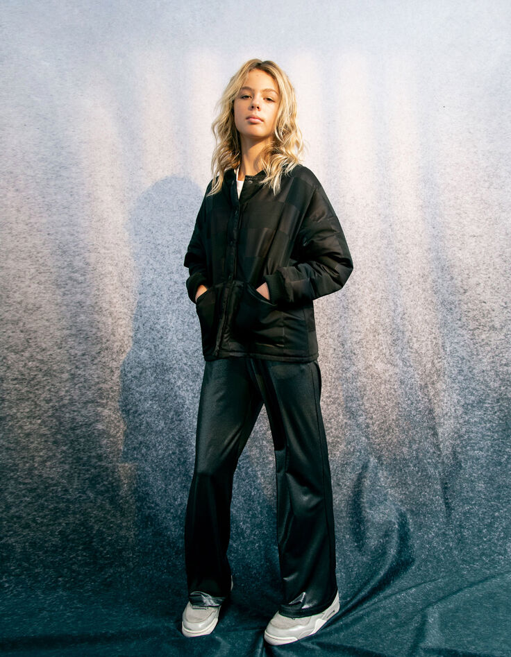 Schwarze Mädchen-Steppjacke, Ton-in-Ton-Schachbrettmuster-8