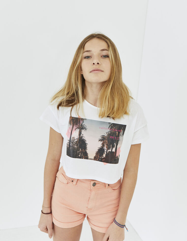 Weißes Mädchen-T-Shirt im Crop-Schnitt mit Palmen-6