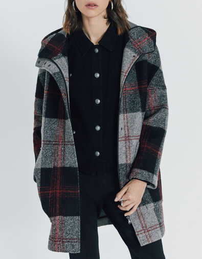 Women’s grey check mid-length coat with hood - IKKS