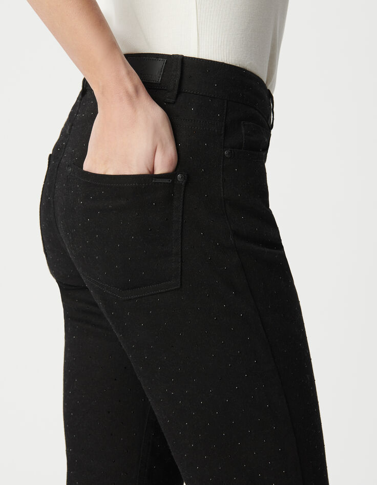Schwarze, gerade geschnittene Damen-Jeans mit schwarzen Strasssteinverzierungen-5