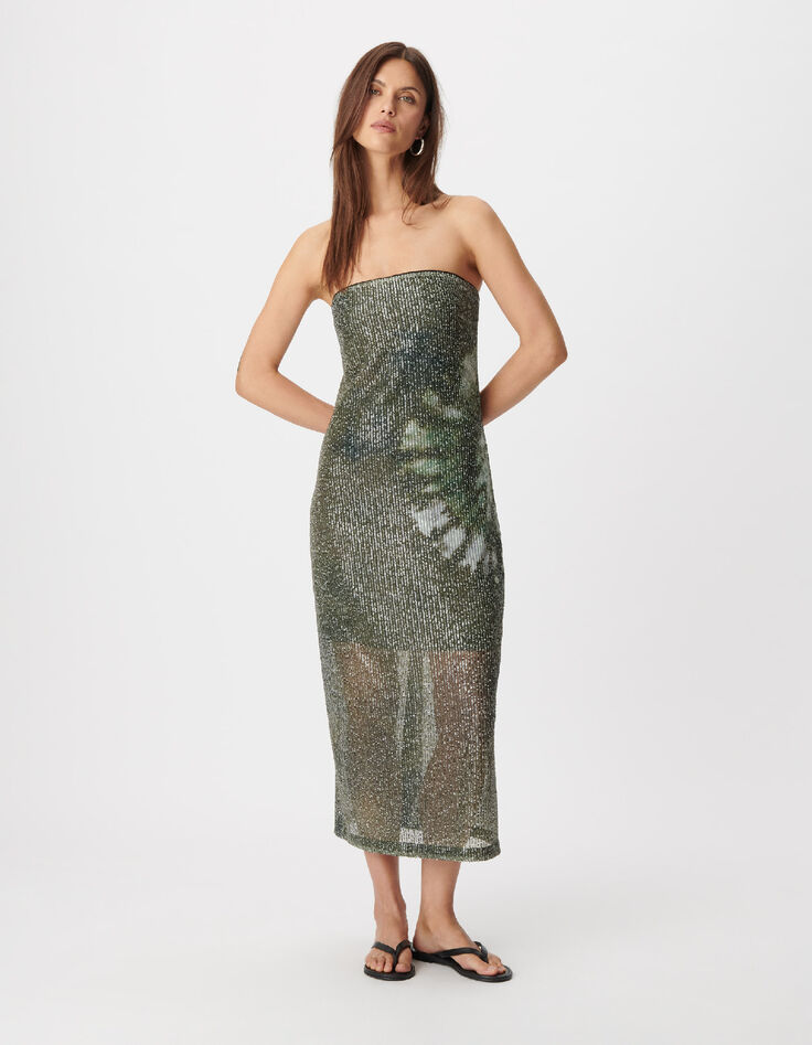 Khaki strapless dress with sequins for women-1