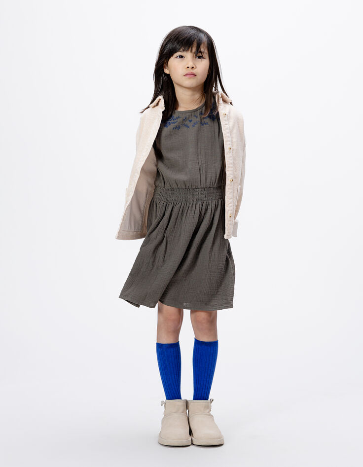 Robe kaki broderies fleurs marine fille-2