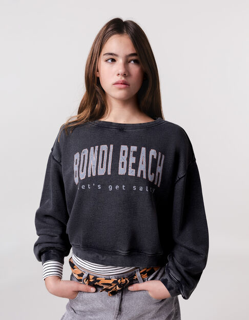 Sweat gris cropped message pailleté fille - IKKS