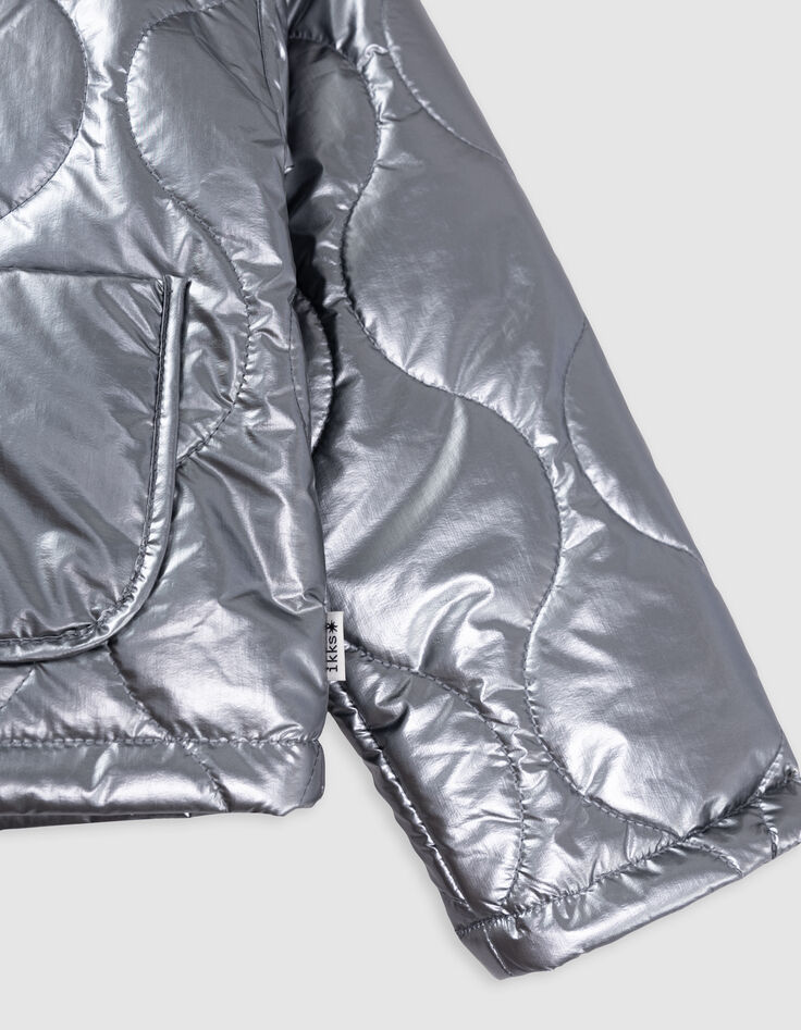 Grey metallic padded jacket with removable hood for girl-7