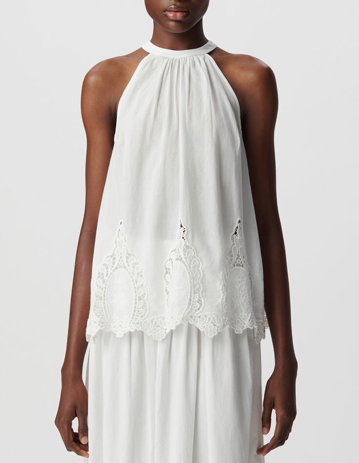 Top ample blanc d&eacute;cor broderie dentelle Femme-2