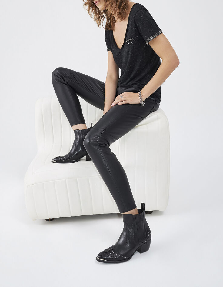 Camiseta cuello tunecino negra bolsillo pecho mujer -6 Camiseta cuello tunecino negra bolsillo pecho mujer -6
