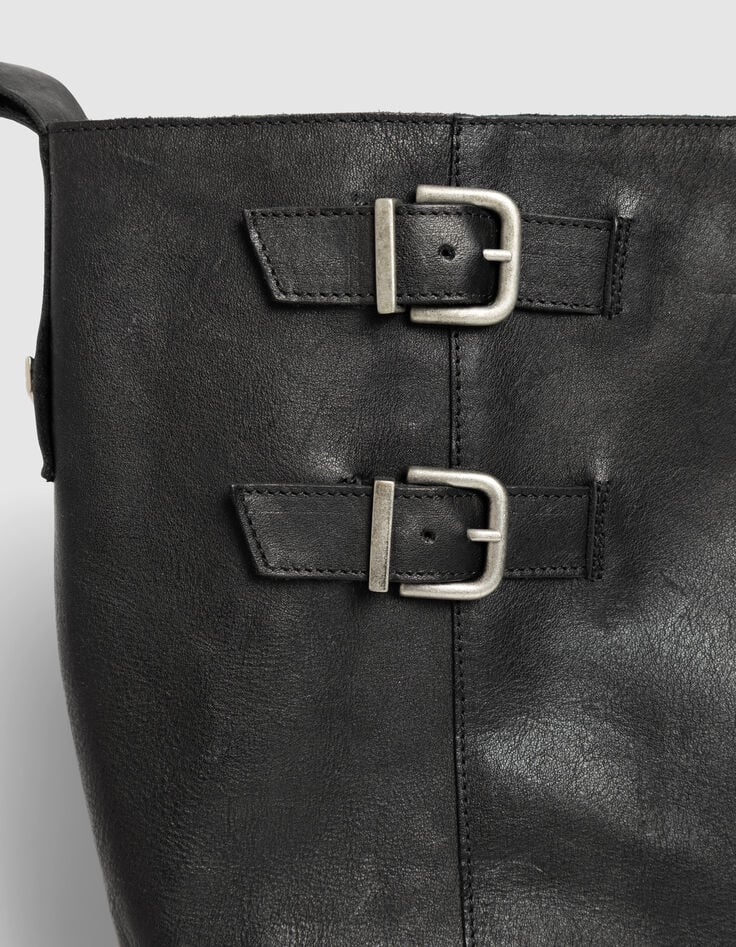 Women’s black leather biker boots with double buckle-7 Women’s black leather biker boots with double buckle-7