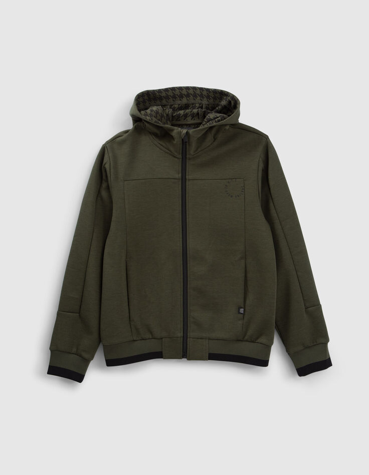 Khaki Jungensweatjacke mit Hahnentrittmuster am Umschlag-1