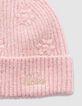 Bonnet rose tricot pailleté brodé fleurs fille-3
