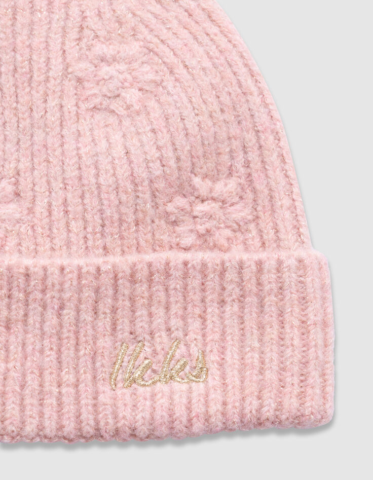 Bonnet rose tricot pailleté brodé fleurs fille-3