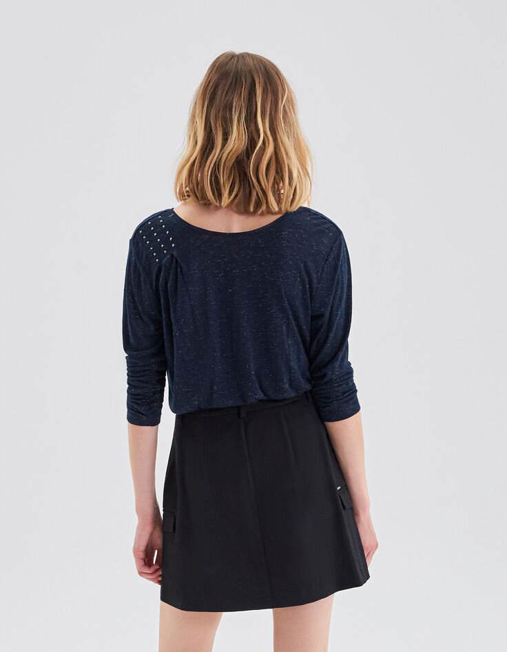 Tee-shirt marine pailleté avec strass sur drapé Femme-2
