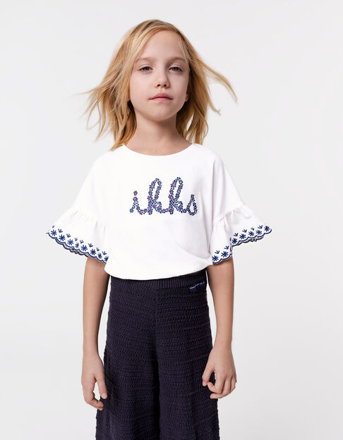 T-shirt blanc coton bio brodé IKKS marine fille - IKKS