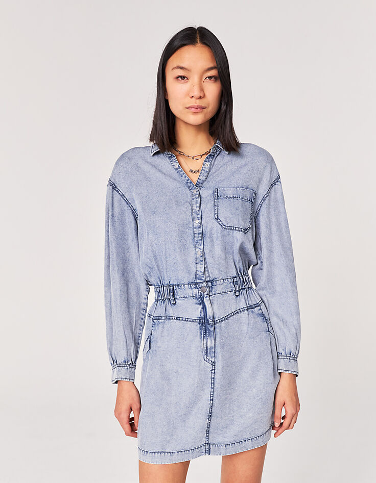Robe chemise en tencel bleu traitement acid wash femme-2