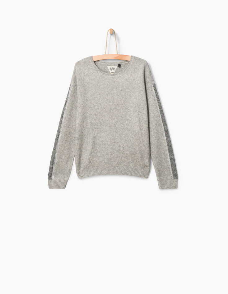 Pull gris à bandes lurex aux manches fille-1 Pull gris à bandes lurex aux manches fille-1