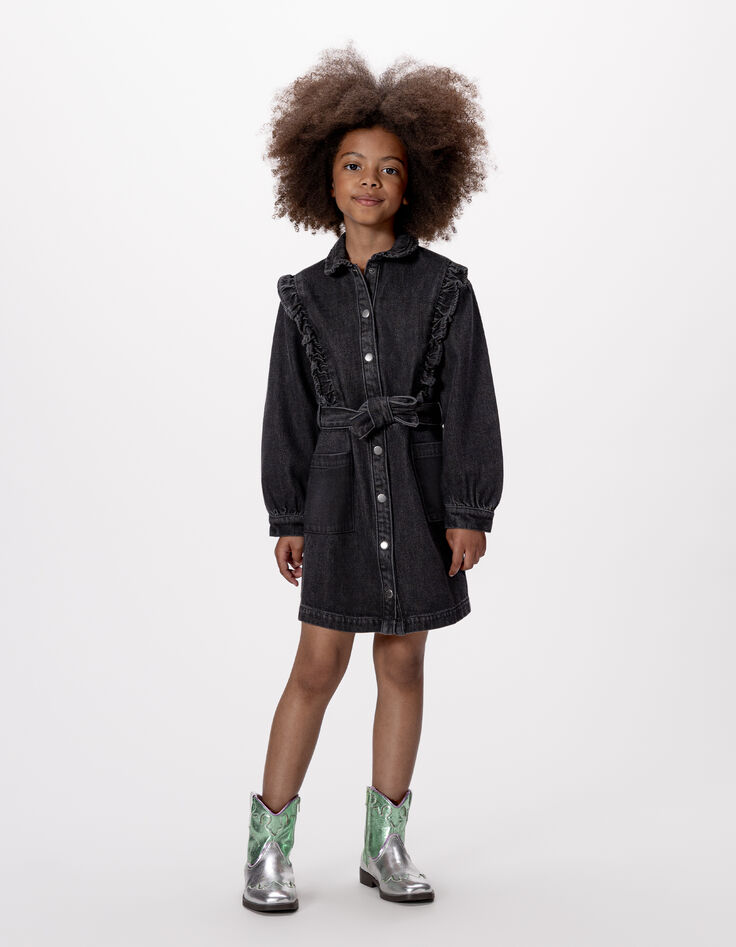 Robe en jean gris ceinturée détails volants fille-3 Robe en jean gris ceinturée détails volants fille-3