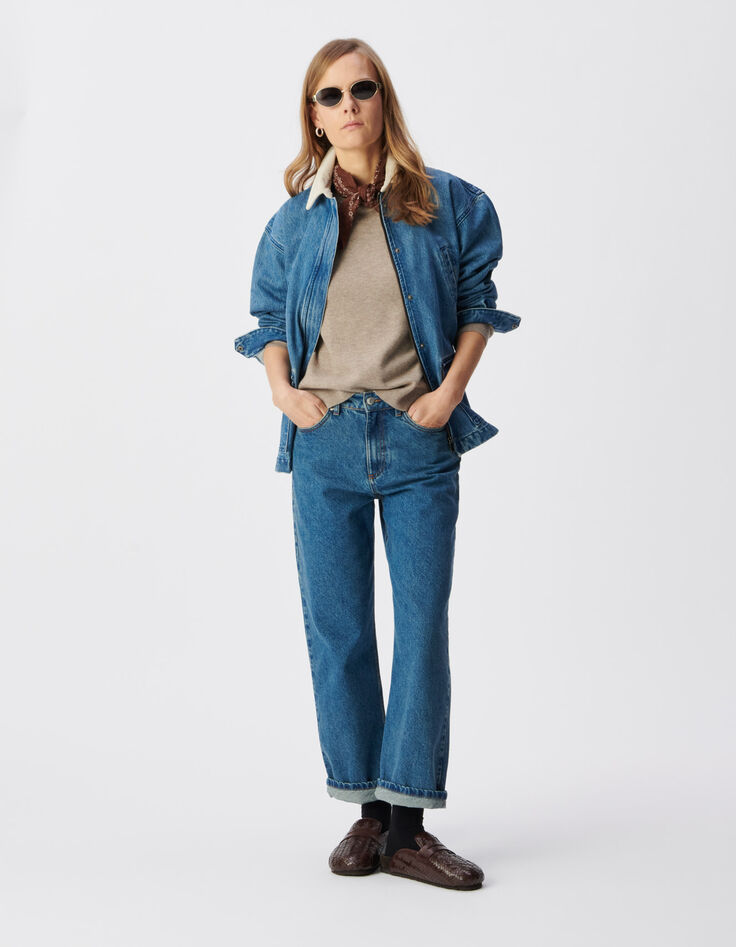 Women's blue denim jacket with ecru velour collar-2