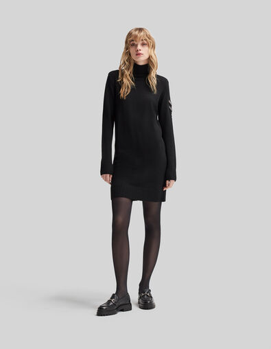 Zwarte tricot jurk hoog opstaande kraag sieraadschouders - IKKS