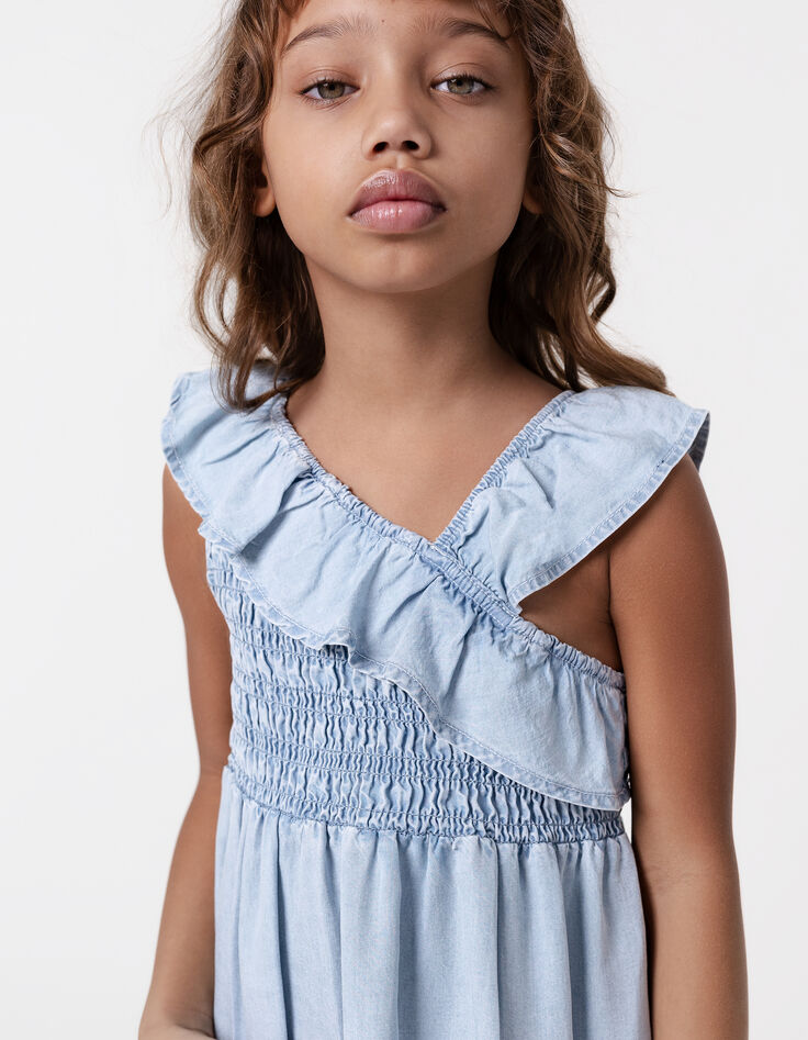 Robe en jean bleue smockée bretelle asymétrique fille-2