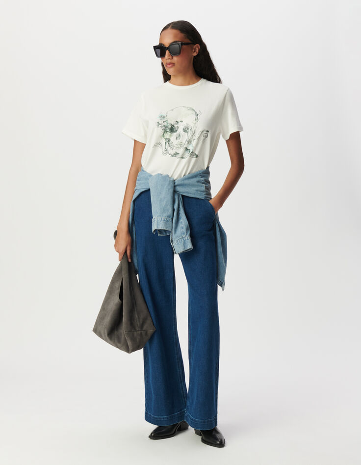 Tee-shirt col rond blanc visuel tête de mort-1