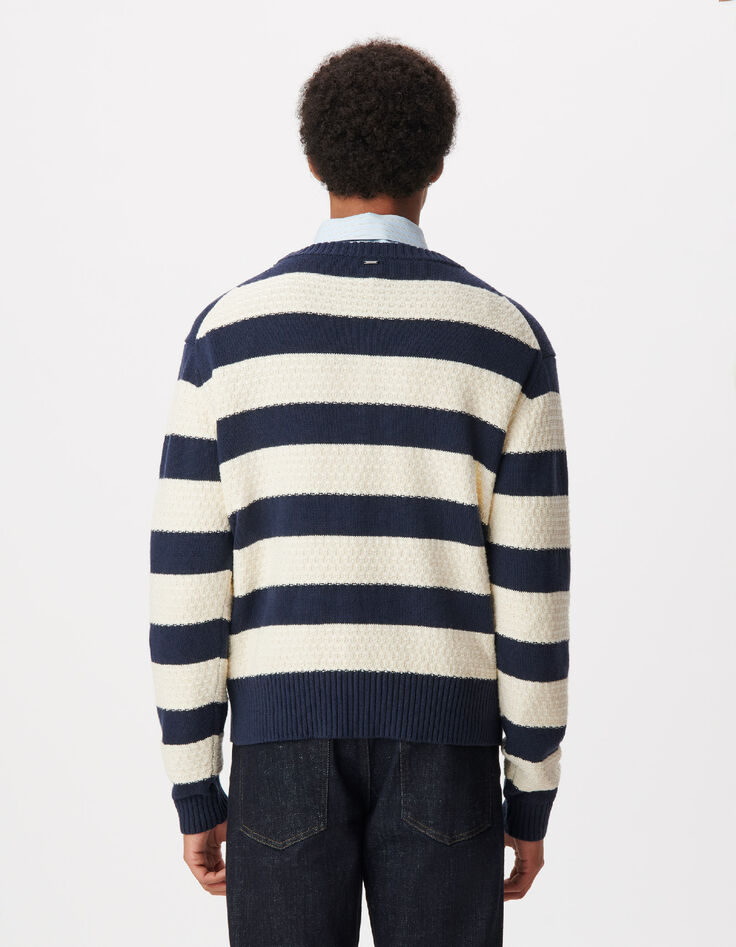 Pull col rond marine tricot motif rayures &eacute;crues Homme-4