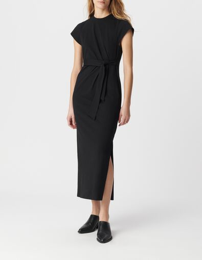Robe midi noire &agrave; nouer c&ocirc;t&eacute; Femme - IKKS