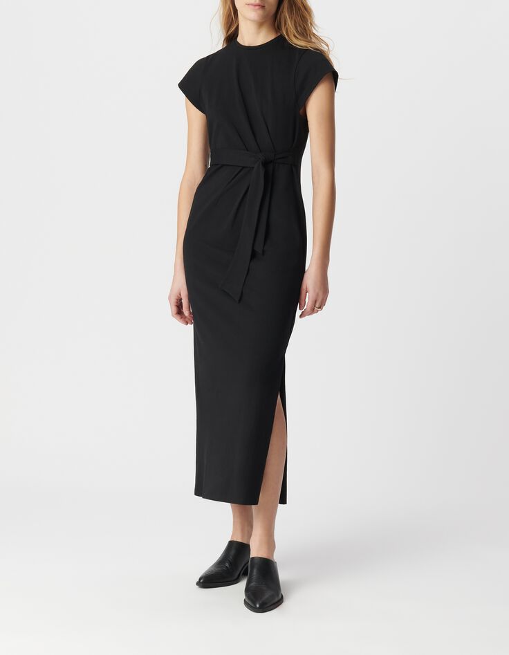 Robe midi noire &agrave; nouer c&ocirc;t&eacute; Femme-1