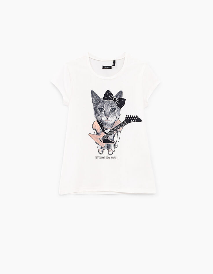 Tee-shirt blanc cassé visuel chatte-rockeuse fille-1