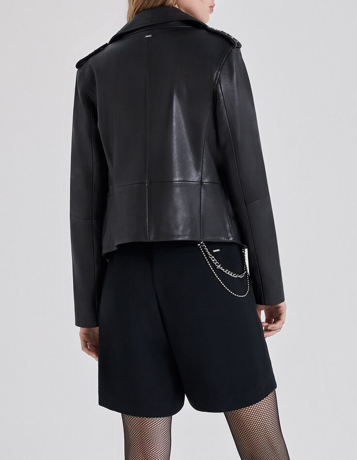 Women's black woven leather biker-style jacket with beads-4