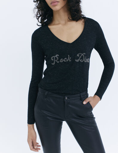 Women’s black Ecovero® viscose T-shirt with bead slogan - IKKS
