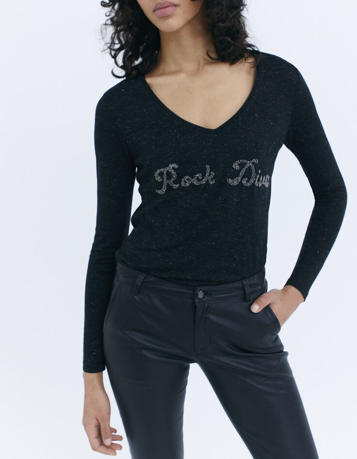 Women’s black Ecovero® viscose T-shirt with bead slogan-1
