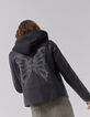 Women’s black leather jacket, studded back, facing-1